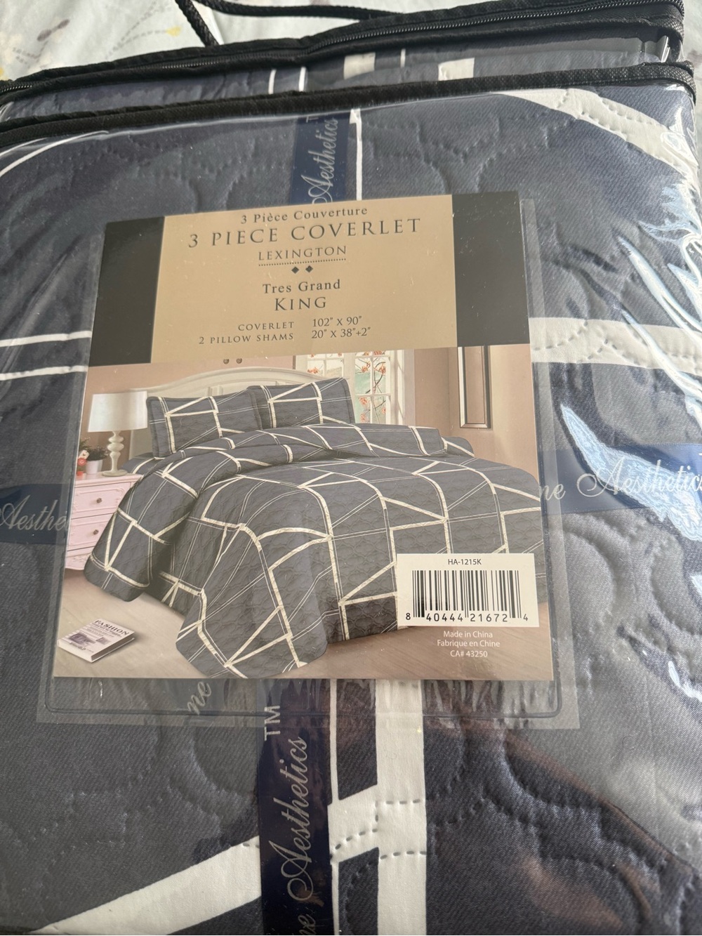Lexington King Coverlet Set in Gray Grid - 3 Piece